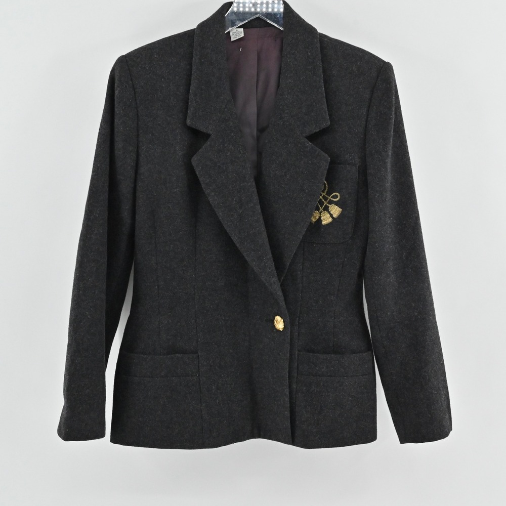 Vtg 80s Womens Wool Patch Blazer Size‎ 8 Gray Gold Tassel Academia USA Jacket